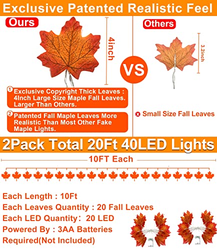 2 Pack Fall Decor Enlarged Maple Leaf Fall Lights Thick Leaf Garlands,Total 20Ft 40LED Lights Battery Operated Waterproof Fall Decorations Home Indoor Outdoor Autumn Thanksgiving Halloween Decor