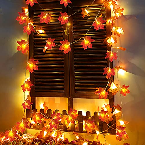 2 Pack Fall Decor Enlarged Maple Leaf Fall Lights Thick Leaf Garlands,Total 20Ft 40LED Lights Battery Operated Waterproof Fall Decorations Home Indoor Outdoor Autumn Thanksgiving Halloween Decor