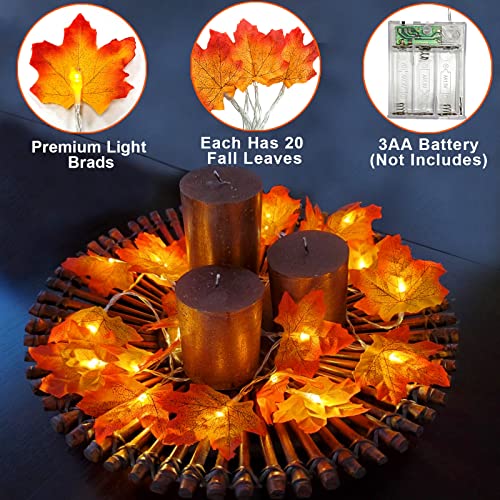 2 Pack Fall Decor Enlarged Maple Leaf Fall Lights Thick Leaf Garlands,Total 20Ft 40LED Lights Battery Operated Waterproof Fall Decorations Home Indoor Outdoor Autumn Thanksgiving Halloween Decor