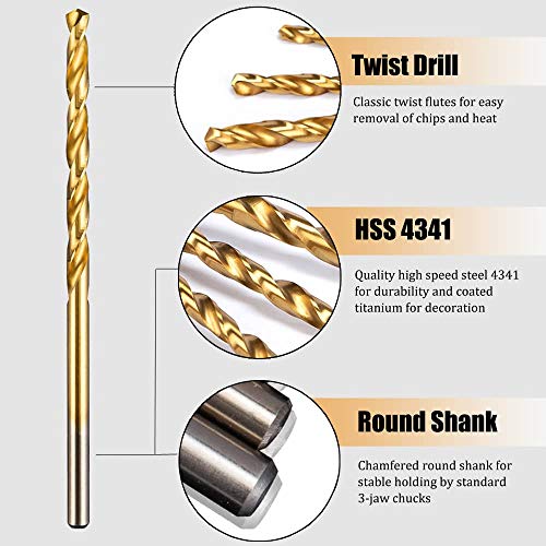 Hymnorq Jobber Length Mini Twist Drill Bits Set of 60pcs Six Fractional Inch Sizes, 3/64 1/16 5/64 3/32 7/64 1/8 Inch Titanium Coated HSS 4341 for Wood Plastic and Soft Metal Sheet