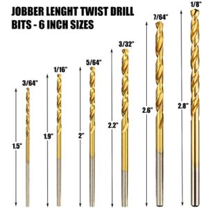 Hymnorq Jobber Length Mini Twist Drill Bits Set of 60pcs Six Fractional Inch Sizes, 3/64 1/16 5/64 3/32 7/64 1/8 Inch Titanium Coated HSS 4341 for Wood Plastic and Soft Metal Sheet