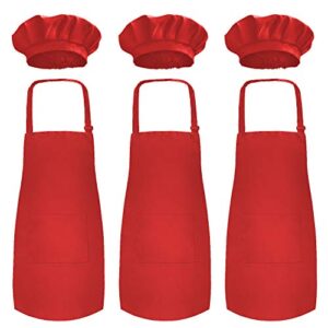 novelty place kid's apron with chef hat set (3 set) - children’s bib with pocket skin-friendly fabrics - cooking, baking, painting, training wear - kid's size (6-12 year, red)