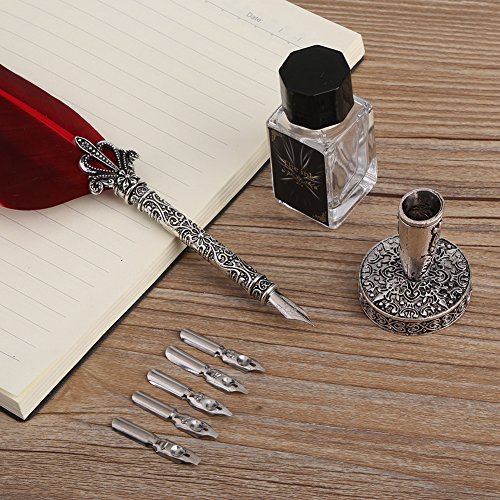 Feather Quill Pen and Ink Set, Vintage Feather Dip Ink Pen Set Antique Dip Feather Pen Set Calligraphy Pen Set Writing Quill Ink Dip Pen with Ink Bottle, Pen Nib Base (without ink) (Red)