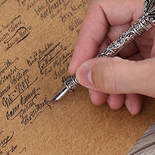 Feather Quill Pen and Ink Set, Vintage Feather Dip Ink Pen Set Antique Dip Feather Pen Set Calligraphy Pen Set Writing Quill Ink Dip Pen with Ink Bottle, Pen Nib Base (without ink) (Red)