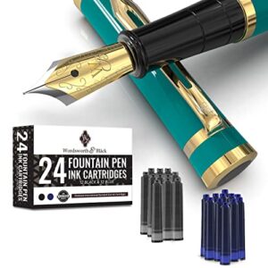 wordsworth & black fountain pen set, medium nib, includes 6 ink cartridges and ink refill converter, journaling, calligraphy, smooth writing pens [turquoise gold], men and women,1 count (pack of 1)