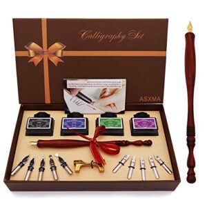 asxma new model wooden calligraphy pen set, which includes the pen nib as well as four different ink colors. suitable for use by all ages, and experience from beginner to professional.
