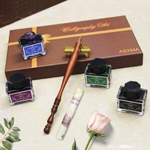 ASXMA New model wooden calligraphy pen set, which Includes the pen nib as well as four different ink colors. Suitable for use by all ages, and experience from beginner to professional.