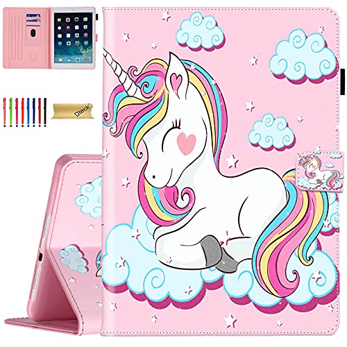 Dteck Case for iPad 6th Generation 2018 /iPad 5th Generation 2017 /iPad Air 2 2014 /iPad Air 2013 Tablet 9.7 Inch, PU Leather Smart Stand Wallet Cute Flip Cover Case with Stylus Pen (Smile Unicorn)