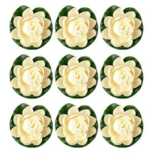 ronrons 9 pack artificial floating foam lotus flowers with water lily pad ornaments, ivory white