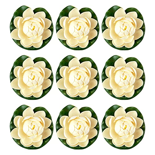 RONRONS 9 Pack Artificial Floating Foam Lotus Flowers with Water Lily Pad Ornaments, Ivory White