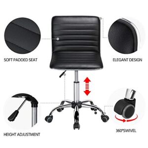 Yaheetech Adjustable Task Chair PU Leather Low Back Ribbed Armless Swivel Black Desk Chair Office Chair Wheels