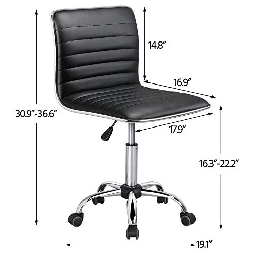 Yaheetech Adjustable Task Chair PU Leather Low Back Ribbed Armless Swivel Black Desk Chair Office Chair Wheels