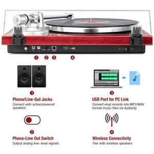 1 BY ONE Belt Drive Turntable with Bluetooth Connectivity, Built-in Phono Pre-amp, USB Digital Output Vinyl Stereo Record Player with Magnetic Cartridge, 33 or 45 RPM
