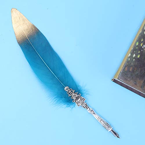 Wal front European Feather Quill Pen Set Feather Calligraphy Pen Kit Feather Dip Pen Gift Set Fountain Pen(Sky Blue)