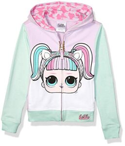 l.o.l. surprise! girls' little theater club unicorn big face zip-up hoodie, lilac/mint, 6x