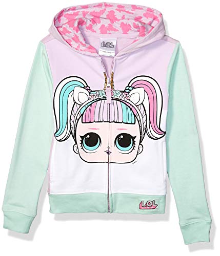 L.O.L. Surprise! Girls' Little Theater Club Unicorn Big Face Zip-up Hoodie, Lilac/Mint, 6X