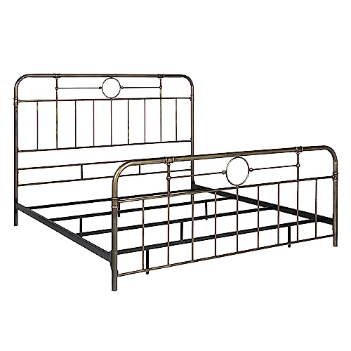 Walker Edison Vintage Antique Metal Iron Pipe King Size Bed Headboard Footboard Bed Frame Bedroom, King, Bronze