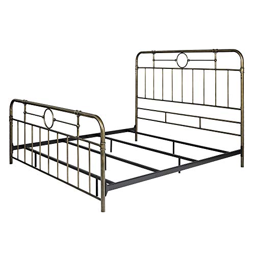 Walker Edison Vintage Antique Metal Iron Pipe King Size Bed Headboard Footboard Bed Frame Bedroom, King, Bronze