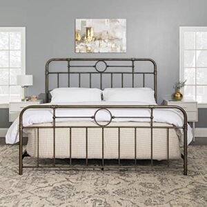 Walker Edison Vintage Antique Metal Iron Pipe King Size Bed Headboard Footboard Bed Frame Bedroom, King, Bronze