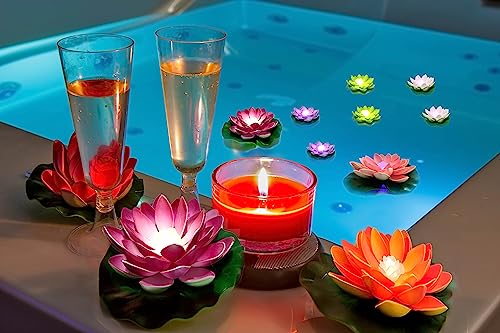 Assaoy Floating Pool Lights,Lotus Flowers Lights,Fun Pool Accessories,Pond Light LED Candles Artificial Flower W/Water Lily Pad for Pool at Night,Garden Wedding Back to School PartyDecor 8Pcs
