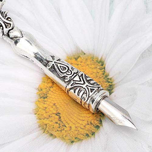 Wal front Feather Pen Classical Retro Type Quill Dip Pen Calligraphy Pen Ink Bottle Set Present Stationery (#4: Silver 2)