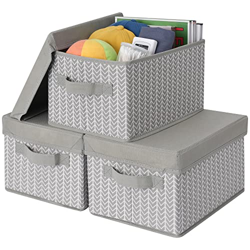 GRANNY SAYS Storage Bins Fabric, Shelf Baskets for Closet Organization, Stackable Boxes Storage Containers for Closet Wardrobe Cabinet Shelf Organizing, Gray/White, Medium, 3-Pack