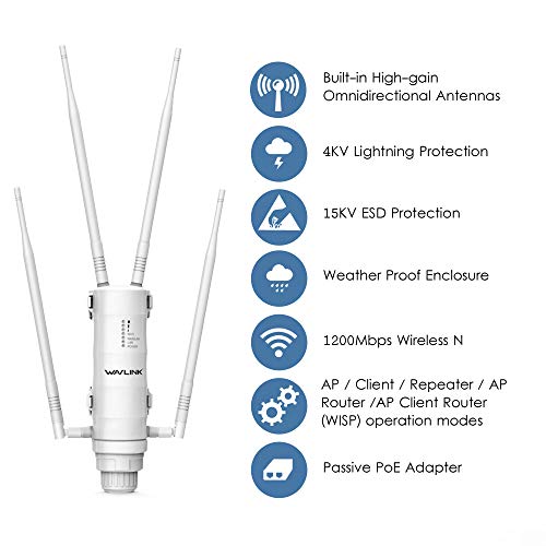 WAVLINK AC1200 High Power Outdoor Weatherproof WiFi Range Extender, Long Range Wireless AP/Router/Repeater/WISP Mode with POE Powered, Point to Point WiFi Bridge, 4x7dBi Omni Directional Antennas