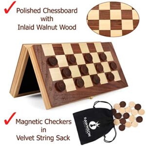 Magnetic Wooden Chess Checkers Set for Kids and Adults - 12 in Staunton Chess Set - Travel Portable Folding Chess Board Game Sets - Storage for Wood Pieces - 2 Extra Queens