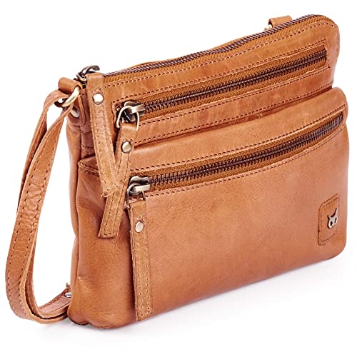 Wise Owl Accessories Small Triple Zip Real Leather Women's Crossbody- Premium Vintage Crossover Shoulder Sling Bag (Mustard Multi-Wax)