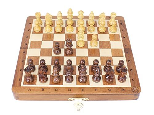 House of Chess - 8 Inch Wooden Magnetic Folding Travel Chess Set - Board with Algebraic Notation + 2 Extra Pawns & 2 Extra Queens- Handmade - Premium Quality