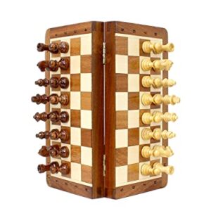 House of Chess - 8 Inch Wooden Magnetic Folding Travel Chess Set - Board with Algebraic Notation + 2 Extra Pawns & 2 Extra Queens- Handmade - Premium Quality