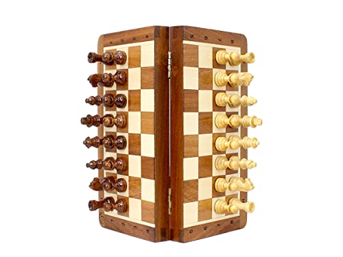 House of Chess - 8 Inch Wooden Magnetic Folding Travel Chess Set - Board with Algebraic Notation + 2 Extra Pawns & 2 Extra Queens- Handmade - Premium Quality