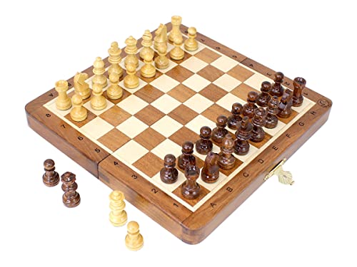 House of Chess - 8 Inch Wooden Magnetic Folding Travel Chess Set - Board with Algebraic Notation + 2 Extra Pawns & 2 Extra Queens- Handmade - Premium Quality