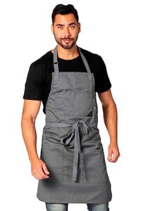 under ny sky chef apron – professional gray twill – cotton straps - smart pockets - adjustable for men and women – pro chef, cook, kitchen, baker, barista, bartender, server aprons