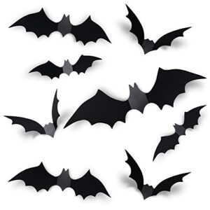 coogam 60pcs halloween bats decoration, 4 different sizes realistic pvc black 3d scary bat sticker for home decor diy wall decal bathroom indoor hallowmas party supplies