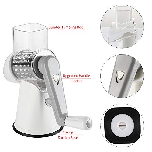 Rotary Cheese Grater Cheese Shredder - Cambom Round Mandoline Slicer Vegetable Slicer Walnuts Grinder with Strong-Hold Suction Cup Base and Cleaning Brush