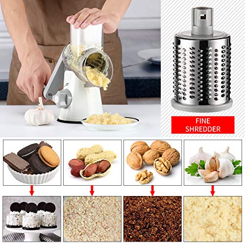 Rotary Cheese Grater Cheese Shredder - Cambom Round Mandoline Slicer Vegetable Slicer Walnuts Grinder with Strong-Hold Suction Cup Base and Cleaning Brush