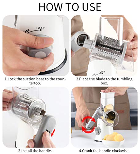 Rotary Cheese Grater Cheese Shredder - Cambom Round Mandoline Slicer Vegetable Slicer Walnuts Grinder with Strong-Hold Suction Cup Base and Cleaning Brush