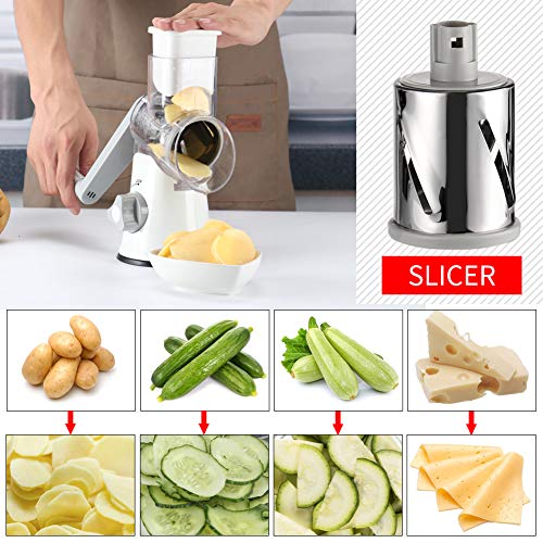 Rotary Cheese Grater Cheese Shredder - Cambom Round Mandoline Slicer Vegetable Slicer Walnuts Grinder with Strong-Hold Suction Cup Base and Cleaning Brush