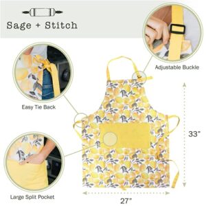 Sage+Stitch Adjustable Designer Kitchen Apron for Adults | 100% Machine Washable Cotton Cooking Apron with Pockets and Adjustable Neck Buckle | 27" Wide x 33" Long | Yellow Lemons