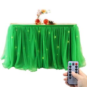 oakhaomie 10ft table skirt tulle tutu table cloth with 15pcs string lights for rectangle or round table for party,wedding,birthday party&home decoration,table skirting (green, 10ftx2.63ft)