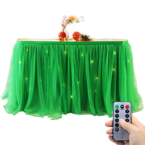 OakHaomie 10ft Table Skirt Tulle Tutu Table Cloth with 15pcs String Lights for Rectangle or Round Table for Party,Wedding,Birthday Party&Home Decoration,Table Skirting (Green, 10ftX2.63ft)