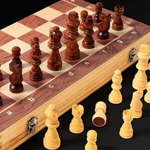 15" x 15" Magnetic Wooden Folding Chess Set with 2 Extra Queens, Handmade Game Board Interior for Storage for Adult Kids Beginner Large Chess Board