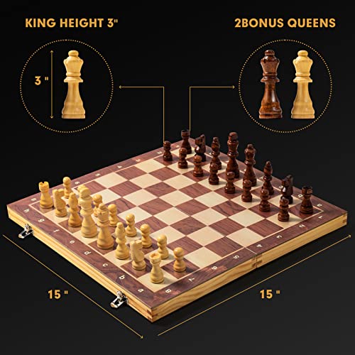 15" x 15" Magnetic Wooden Folding Chess Set with 2 Extra Queens, Handmade Game Board Interior for Storage for Adult Kids Beginner Large Chess Board