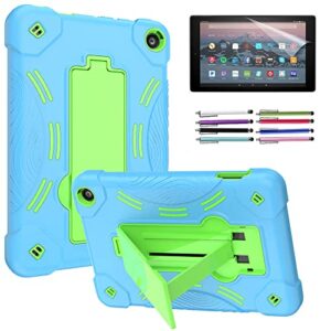 Epicgadget Case for Amazon Fire 7 Tablet (12th Generation, 2022 Released) - Heavy Duty Protective Hybrid Case Cover with Kickstand + 1 Screen Protector and 1 Stylus (Blue/Green)