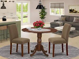 east west furniture dlab3-mah-18 3 piece dining set contains a round dining room table with dropleaf and 2 coffee linen fabric upholstered parson chairs, 42x42 inch, mahogany