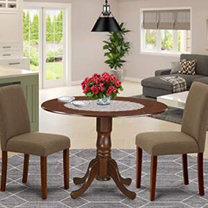 East West Furniture DLAB3-MAH-18 3 Piece Dining Set Contains a Round Dining Room Table with Dropleaf and 2 Coffee Linen Fabric Upholstered Parson Chairs, 42x42 Inch, Mahogany