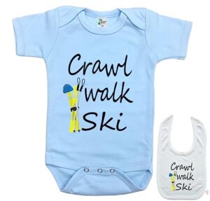 crawl walk ski -cute snow skiing winter sports baby bodysuit onesie & bib set