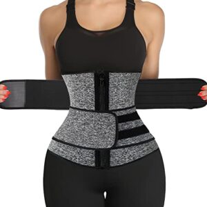 kiwi rata neoprene sauna waist trainer corset sweat belt with 2 straps for women sweat band compression cincher workout fitness trimmer,#1 zipper grey,x-large