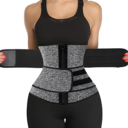 KIWI RATA Neoprene Sauna Waist Trainer Corset Sweat Belt with 2 Straps for Women Sweat Band Compression Cincher Workout Fitness Trimmer,#1 Zipper Grey,X-Large